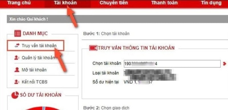 Trên trang chủ, vào mục Tài khoản và chọn Truy vấn tài khoản để kiểm tra giao dịch