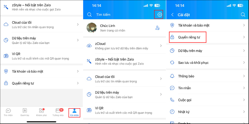 Chọn Cá nhân, Cài đặt và Quyền riêng tư