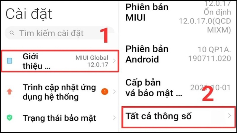 Chọn Giới thiệu và chọn tất cả thông số trên điện thoại Xiaomi
