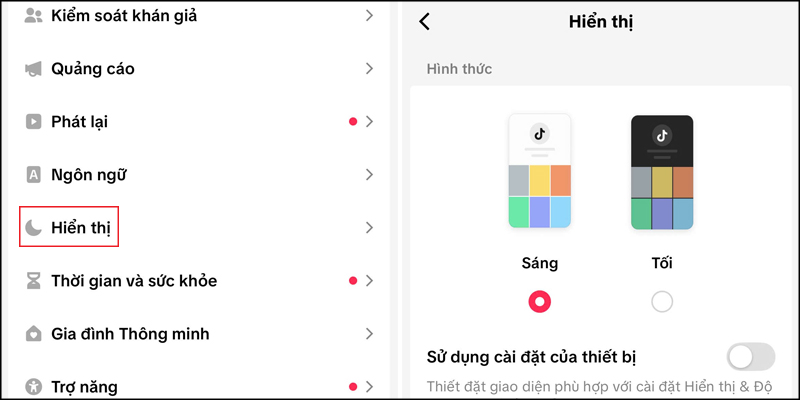 Chọn vào Tối trong mục Hiển thị