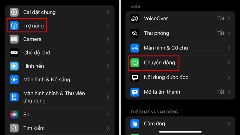 Mở Cài đặt sau đó chọn Trợ năng và Chuyển động