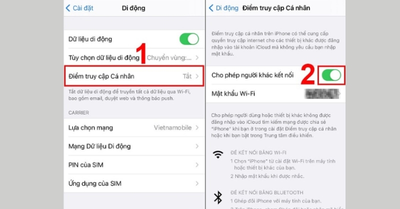 Truy cập mục Điểm truy cập cá nhân, gạt công tắc Cho phép người khác kết nối sang phải để bật