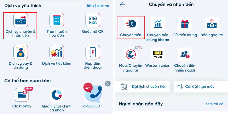 Chọn Chuyển tiền từ trang chủ ứng dụng