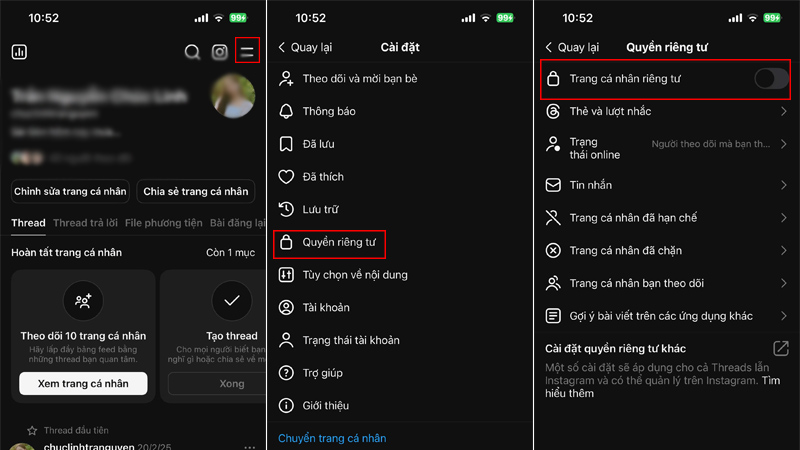 Bật Trang cá nhân riêng tư trên Threads
