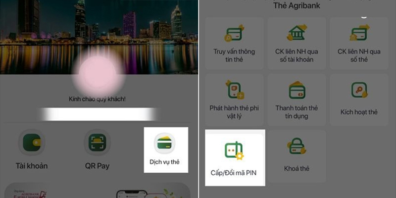 Mở ứng dụng ngân hàng, chọn dịch vụ thẻ và chọn Đổi mã PIN