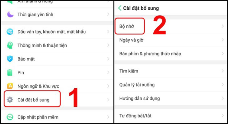Vào mục Bộ nhớ trong Cài đặt bổ sung