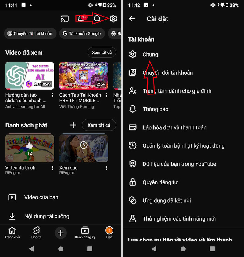 Nhấn vào mục Chung