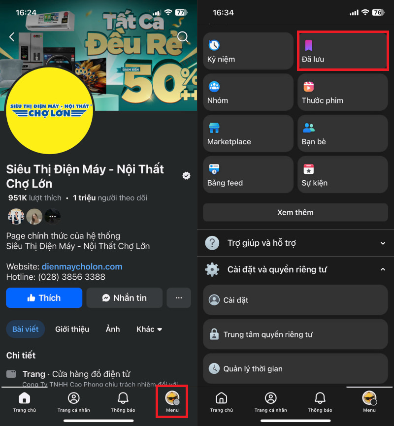 Chọn mục Đã lưu