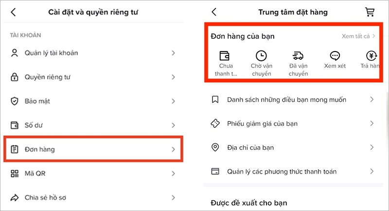 Vào mục “Đơn hàng” → Chọn “Xem tất cả” để xem toàn bộ đơn đã đặt