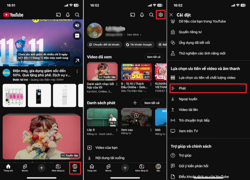 Vào mục Phát trong Cài đặt Youtube