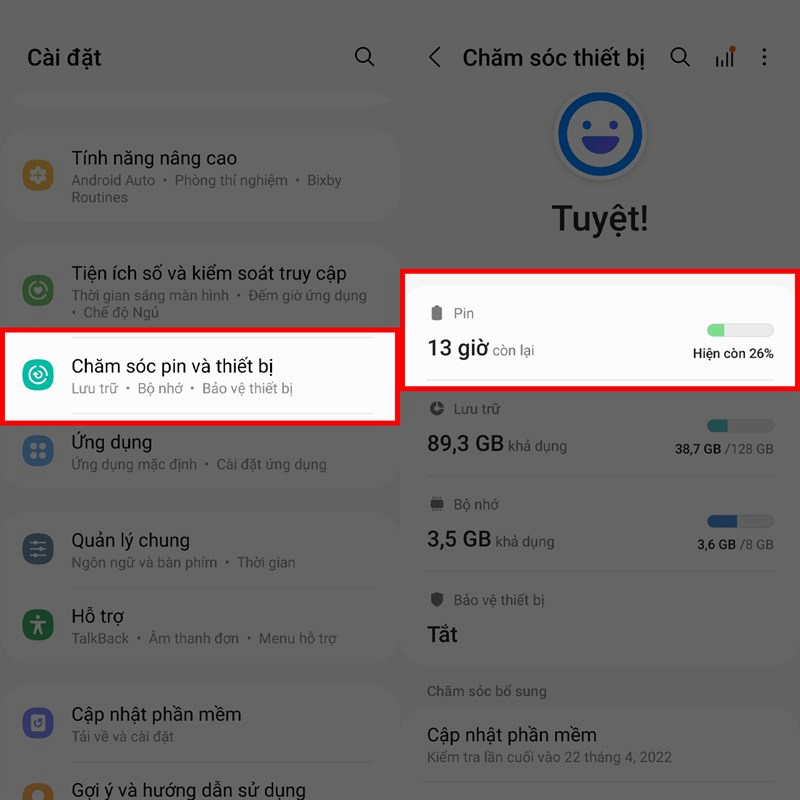 Vào mục Pin trên điện thoại Samsung
