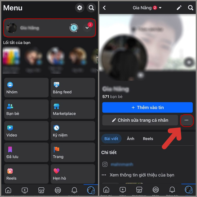 Truy cập hồ sơ cá nhân Facebook và chọn vào biểu tượng dấu ba chấm