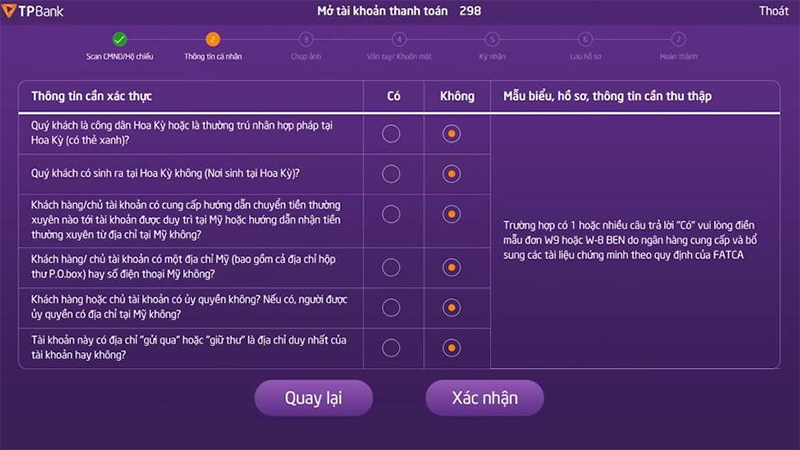 Xác nhận các thông tin tài khoản thanh toán