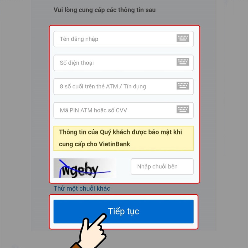 Nhập thông tin để lấy lại mật khẩu VietinBank