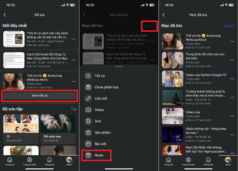 Xem lại Reels đã lưu trên Facebook