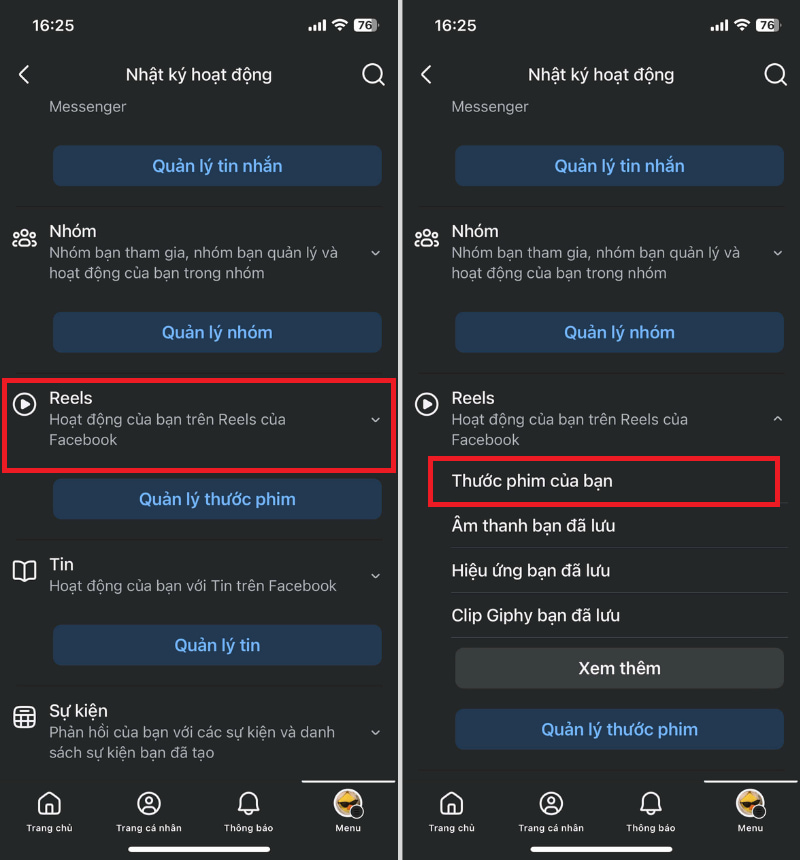 Xem lại Reels qua Nhật ký hoạt động Facebook