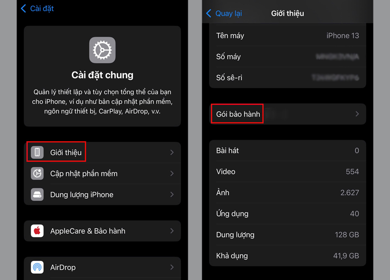 Chọn Cài đặt chung và vào mục Giới thiệu để xem thông tin màn hình 