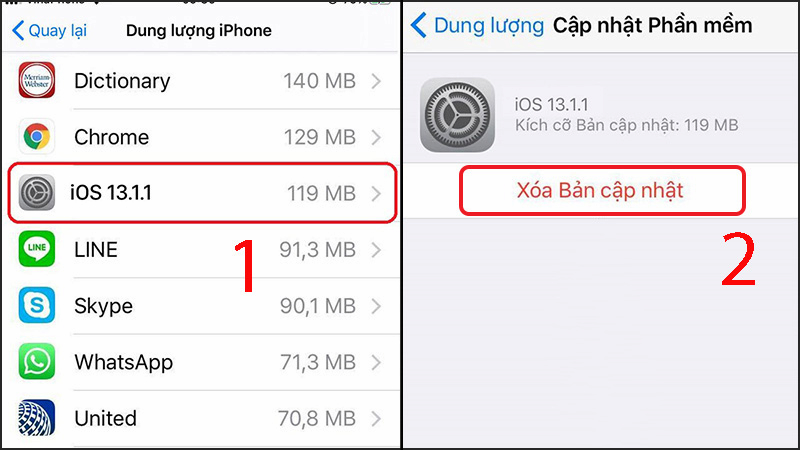 Chọn Xóa Bản cập nhật