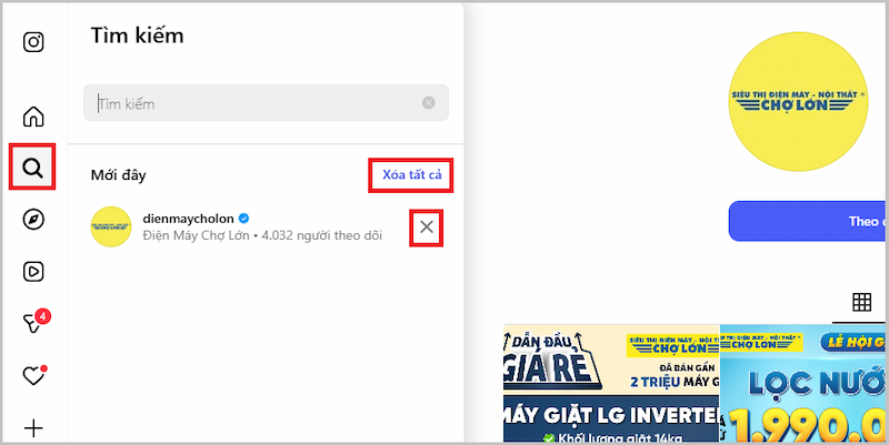 Xóa lịch sử tìm kiếm trên Instagram bằng máy tính