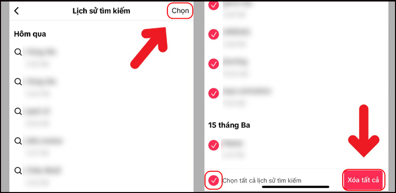 Chọn Xóa tất cả để xóa hết lịch sử tìm kiếm trên TikTok