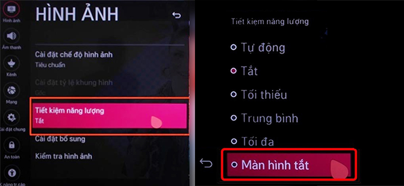 Chọn vào mục “Tiết kiệm năng lượng” rồi chọn “Màn hình tắt”