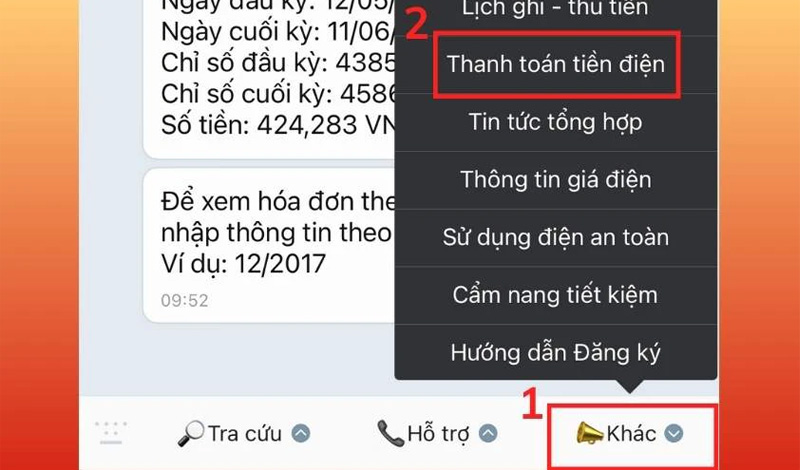 Chọn vào mục Thanh toán tiền điện trong cuộc trò chuyện với TCT Điện lực