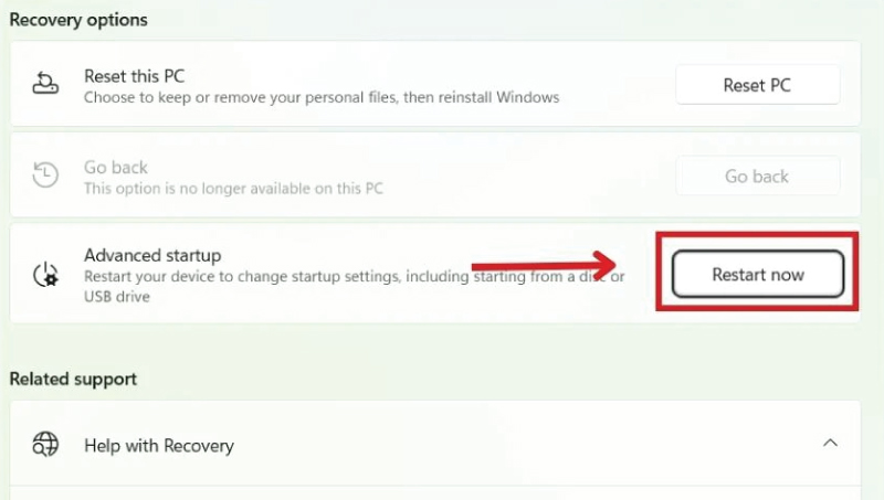 Chọn Restart now trong mục Advanced startup