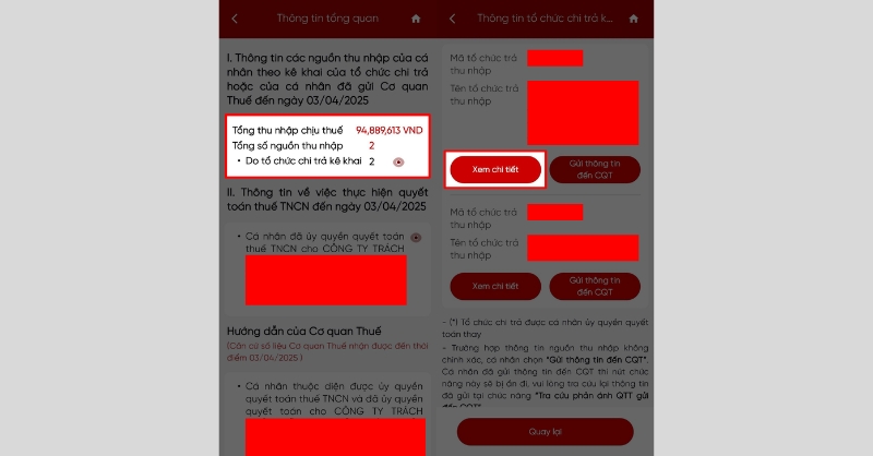 Ứng dụng eTax Mobile sẽ hiển thị các thông tin quyết toán thuế