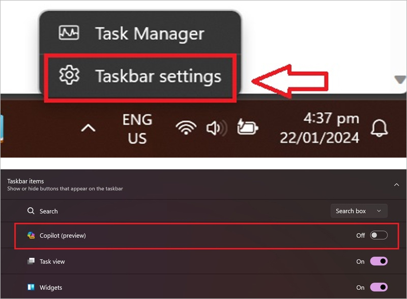 Ẩn Copilot khỏi thanh Taskbar