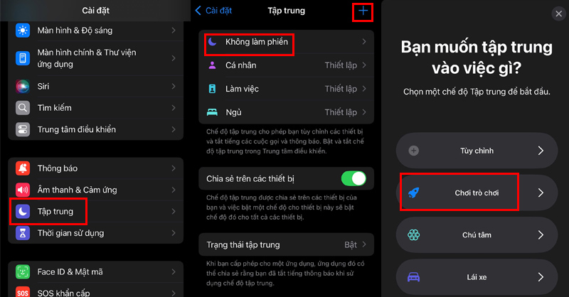 Trong Cài đặt chọn Tập trung và chọn Không làm phiền