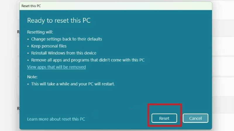 Bắt đầu quá trình reset Windows 11