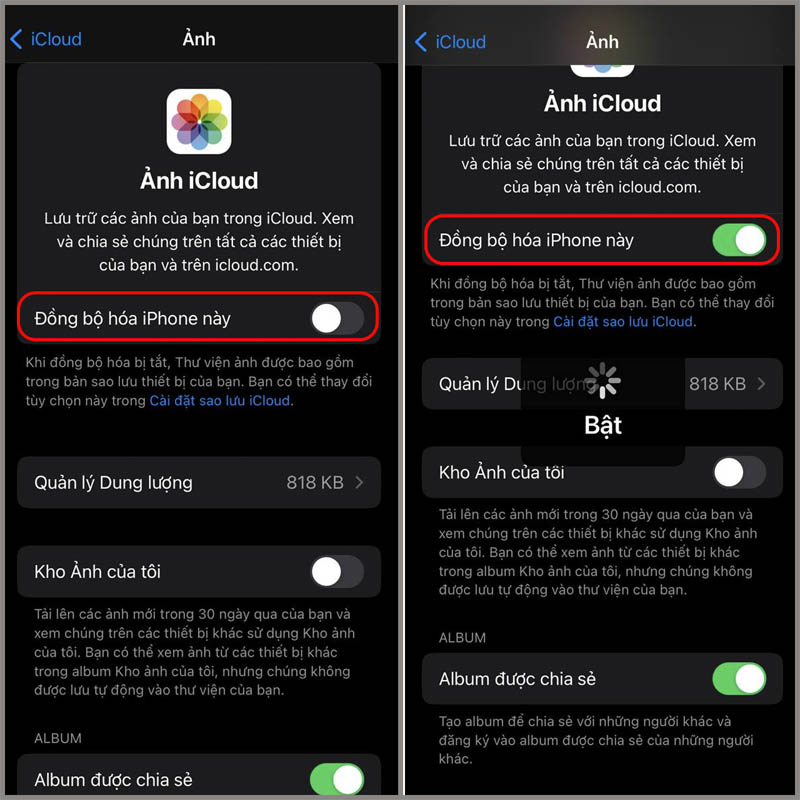 Kéo thanh gạt để Bật đồng bộ hóa iPhone
