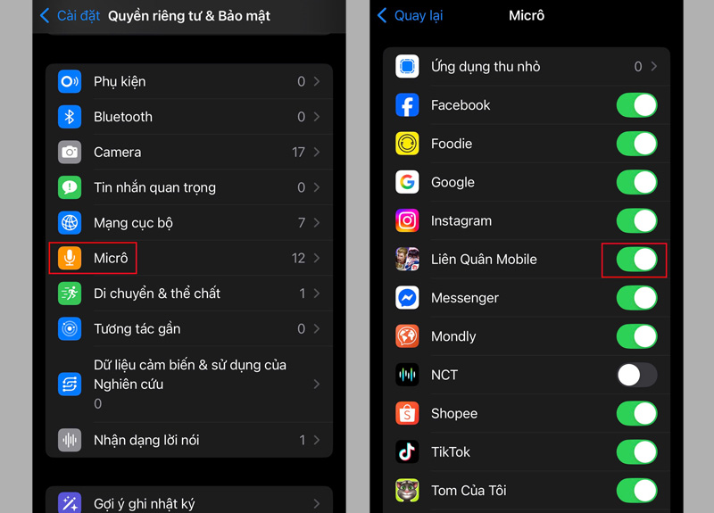 Gạt công tắc sang phải tại mục Liên Quân Mobile 