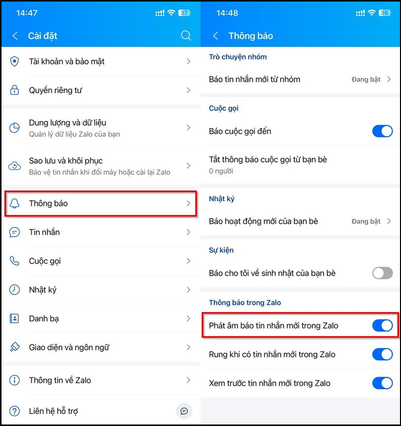 Kiểm tra mục thông báo đã được bật hay chưa