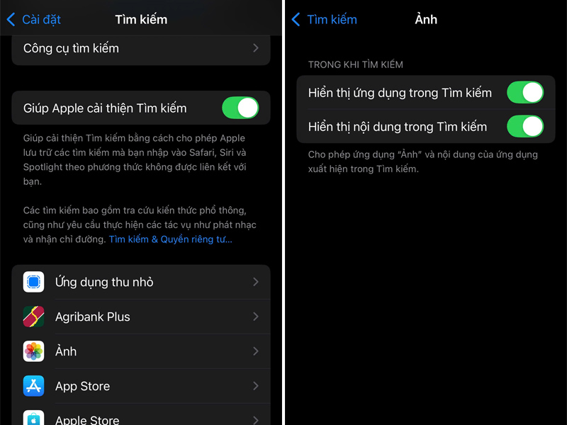 Tắt tùy chọn Hiển thị trong ứng dụng tìm kiếm và hiển thị nội dung