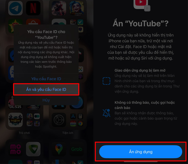 Chọn vào Ẩn và yêu cầu Face ID