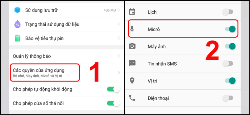 Chọn Các quyền của ứng dụng và bật Micro 