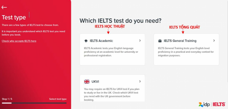 Chọn loại bài thi IELTS tại IDP