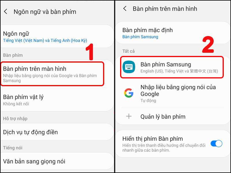 Tiếp tục chọn Bàn phím trên màn hình để sửa lỗi
