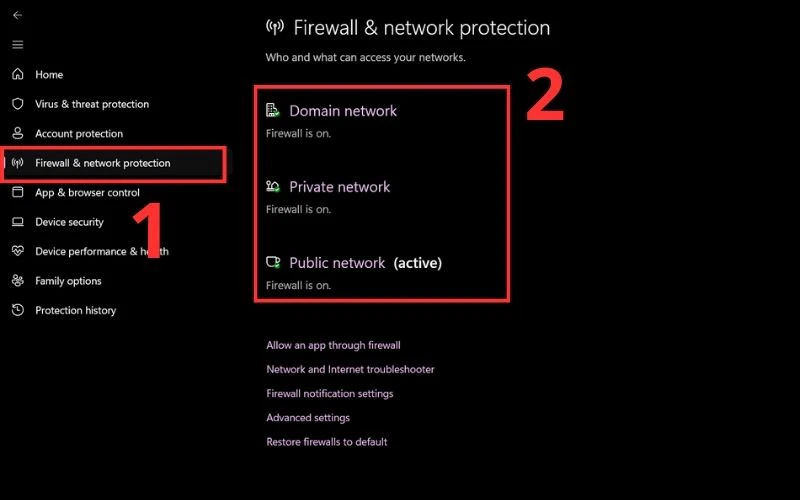 Chọn Firework & Network protection và chế độ tắt tường lửa