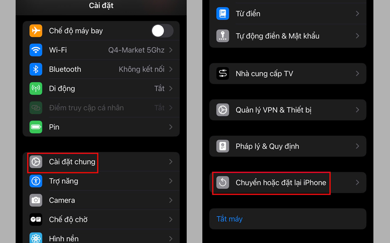 Chọn Cài đặt chung, sau đó nhấn vào mục Chuyển hoặc đặt lại iPhone 