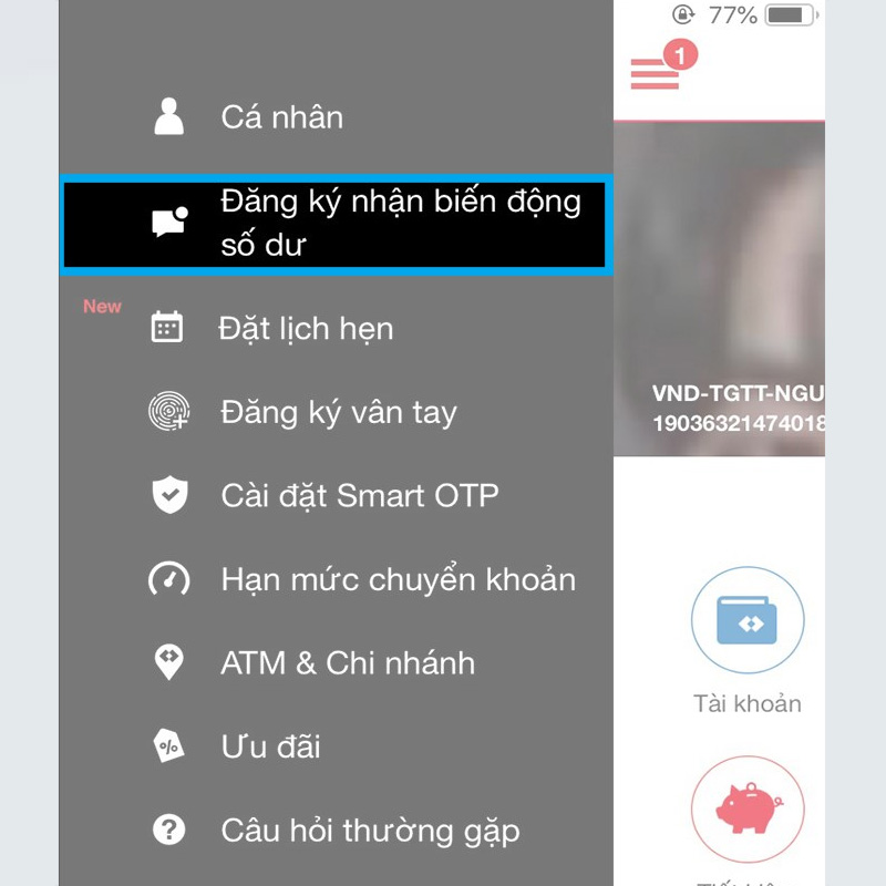 Tìm và chọn vào mục Đăng ký nhân biến động số dư