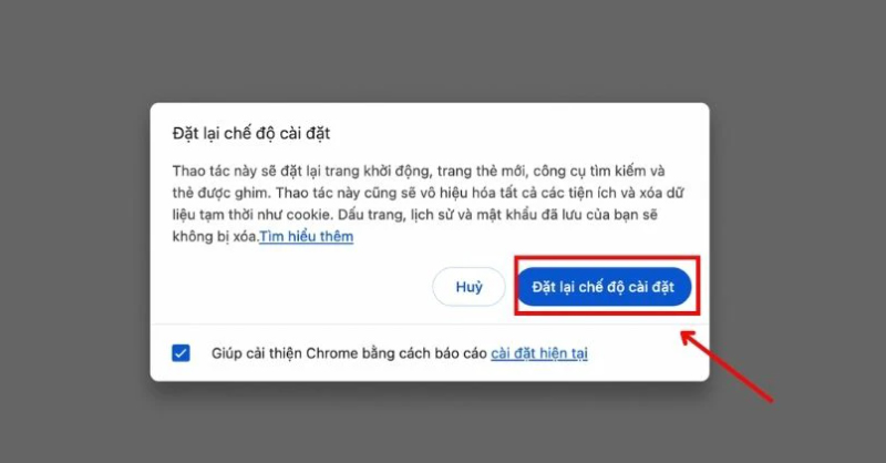 Nhấn vào mục Đặt lại chế độ cài đặt và xác nhận