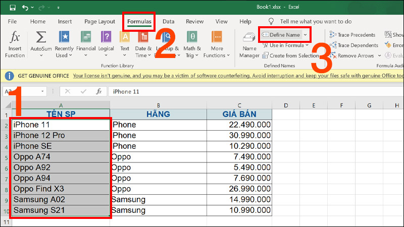 Vào thẻ Formulas, chọn Define Name