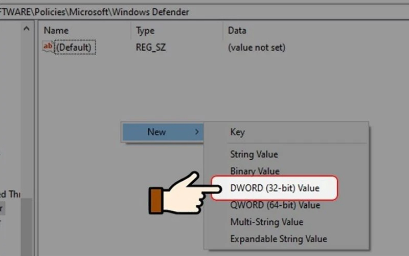 Chọn DWORD (32-bit) Value, đặt tên là DisableAntiSpyware
