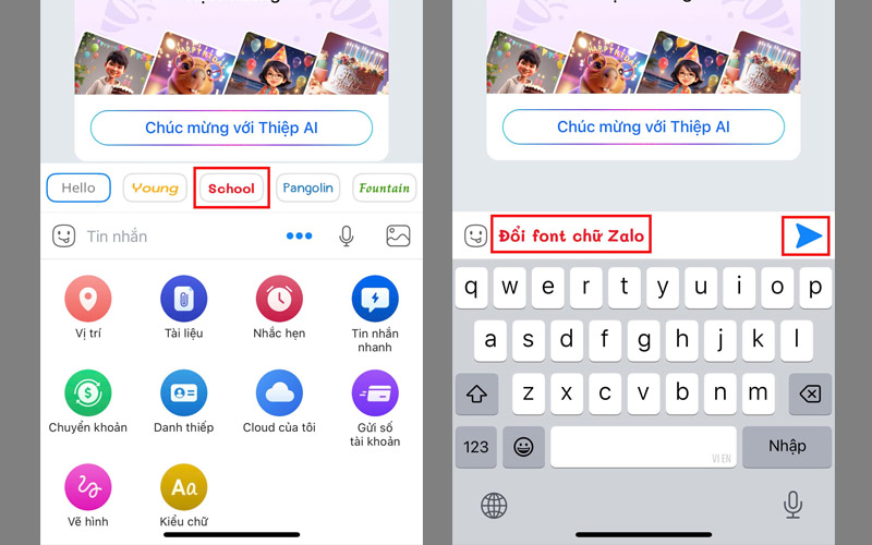 Nhấn chọn font chữ Zalo muốn đổi, gõ tin nhắn và nhấn Gửi