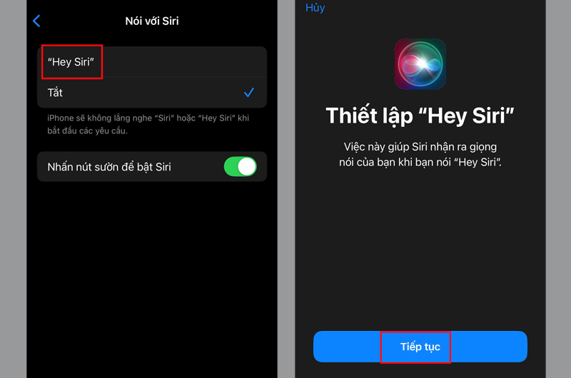 Tick vào mục Hey Siri và nhấn Tiếp tục để thiết lập tính năng 