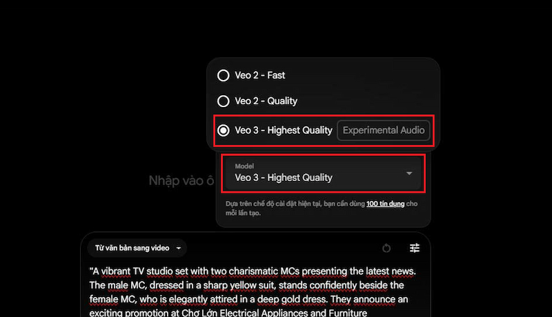 Chọn Highest Quality (Experimental Audio) Veo3