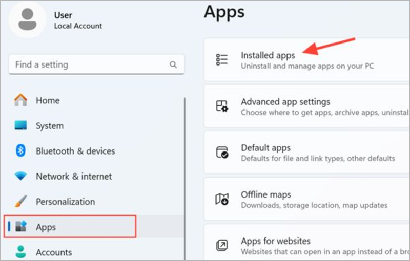 Chọn "Installed apps" (Ứng dụng đã cài đặt)