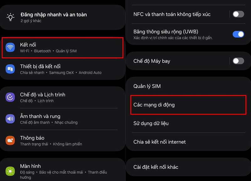 Chọn Các mạng di động sau khi nhấn vào mục Kết nối 